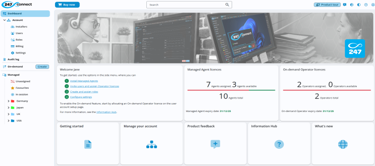 247connect dashboard showing account and licence details. The side menu highlights Dashboard. The main panel shows a welcome message, links to setup tasks, Managed Agent and On-demand Operator licence stats, and tiles for Getting Started, Manage Your Account, Product Feedback, Information Hub, and What's New.